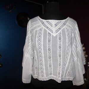 GOTH BOHO DIRNDL WHITE COTTON LACE SHORT ANGEL WINGS SLEEVES BLOUSE TOP L